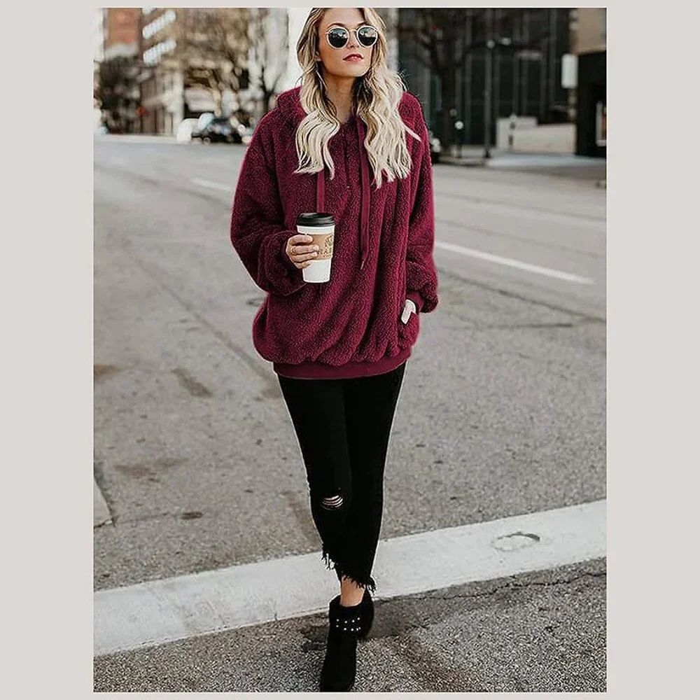 Women's Fuzzy Hoodies Sport Pullover Hoodie Wine Red - Picture 4 of 7